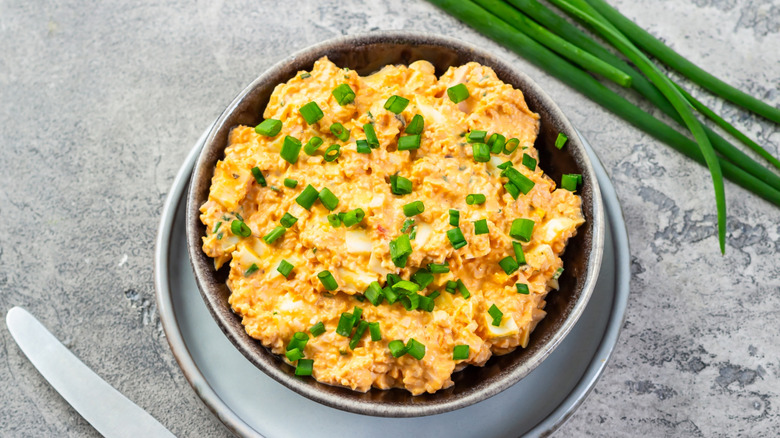 Bowl of curried egg salad in a bowl