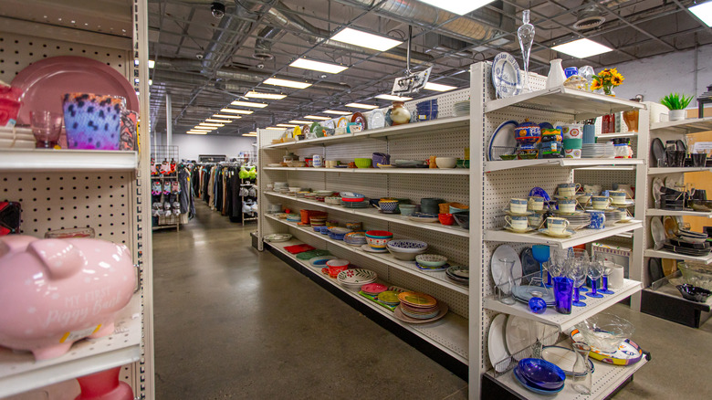 large thrift store with kitchenware display