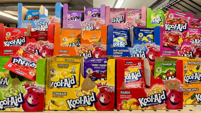 Variety of Kool-Aid packets on shelf