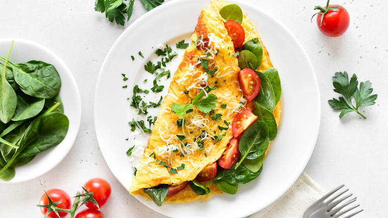 Omelet with tomatoes, spinach, cheese, herbs on white plate