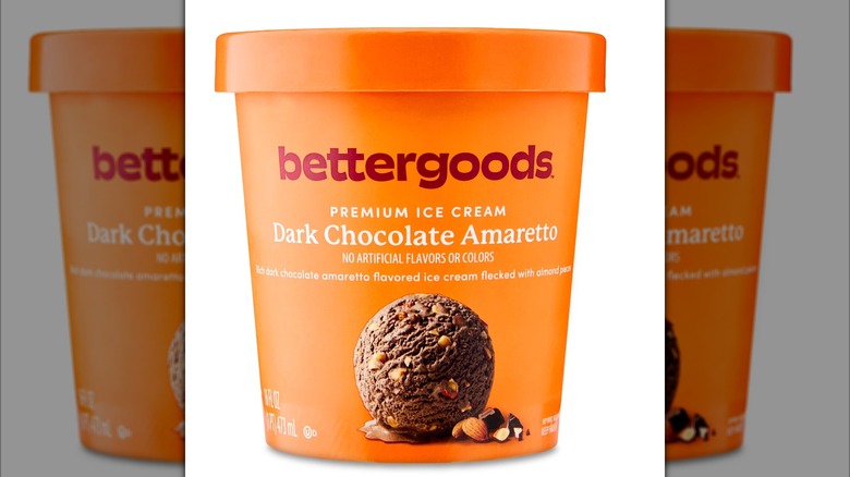 Orange-colored pint of Bettergoods dark chocolate amaretto ice cream