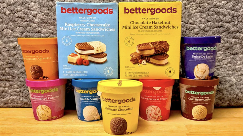 Lineup of Bettergoods ice cream products on wooden surface.
