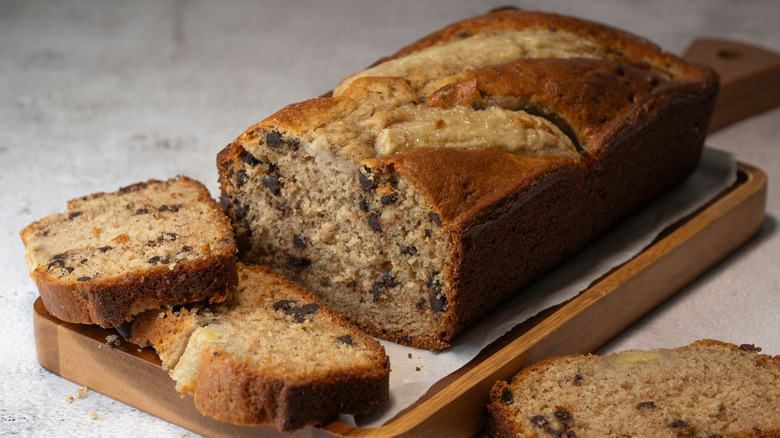 Sliced and whole chocolate chip banana bread