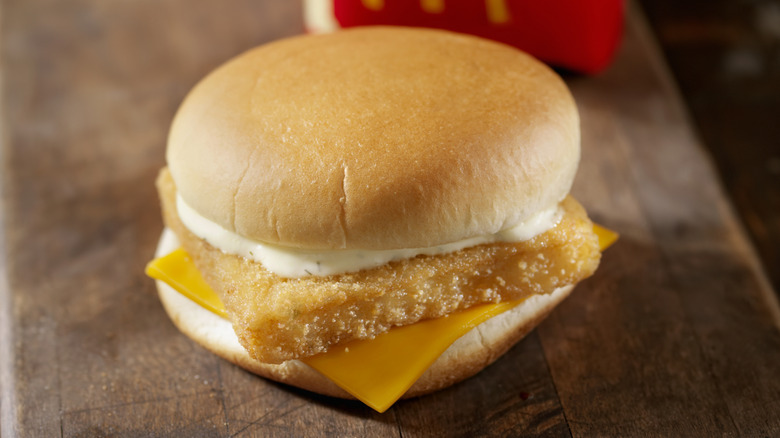 Closeup of McDonald's Filet-O-Fish sandwich.