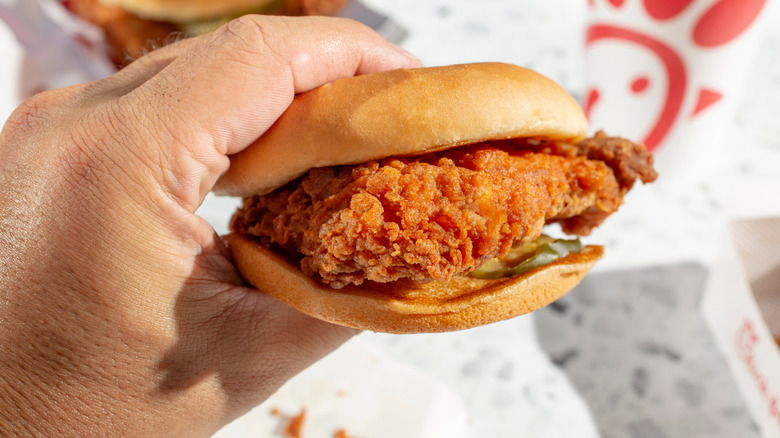 Close up of a chick-fil-a sandwich