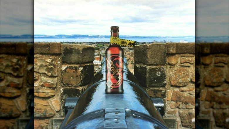 A bottle of Scottish Beithir Fire on the cannon at Edinburgh Castle.