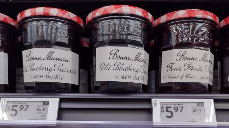 Jars of Bonne Maman preserves on a store shelf