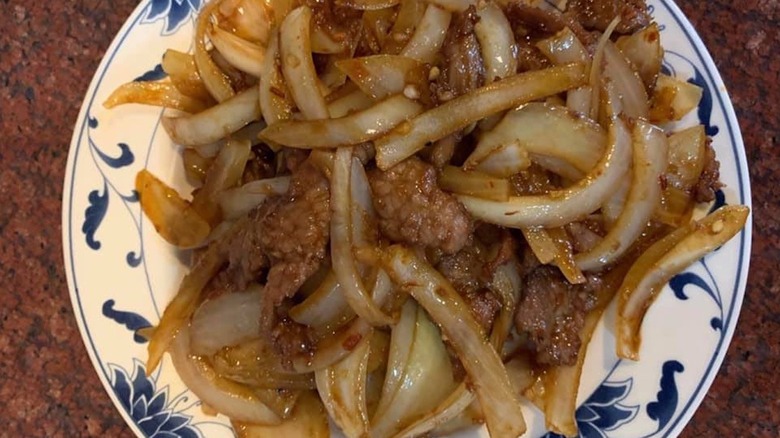 Plate of Mongolian beef and onions at King Buffet in Carson City