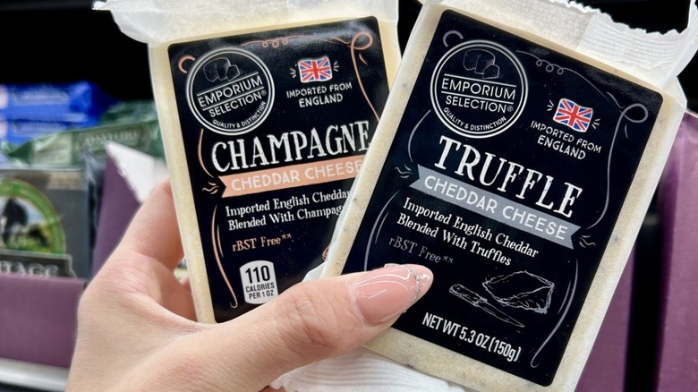Hand holding two of Aldi's flavored cheeses
