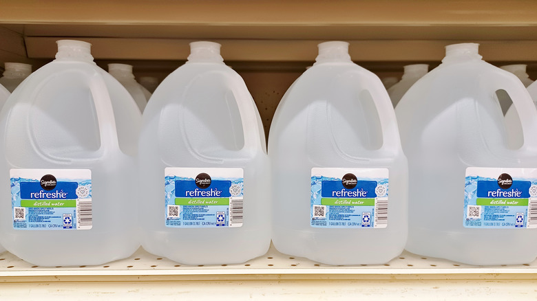 Jugs of distilled water