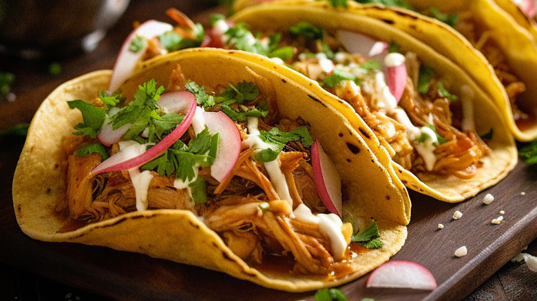 Row of four soft shell tacos with shredded chicken, cilantro, and radishes