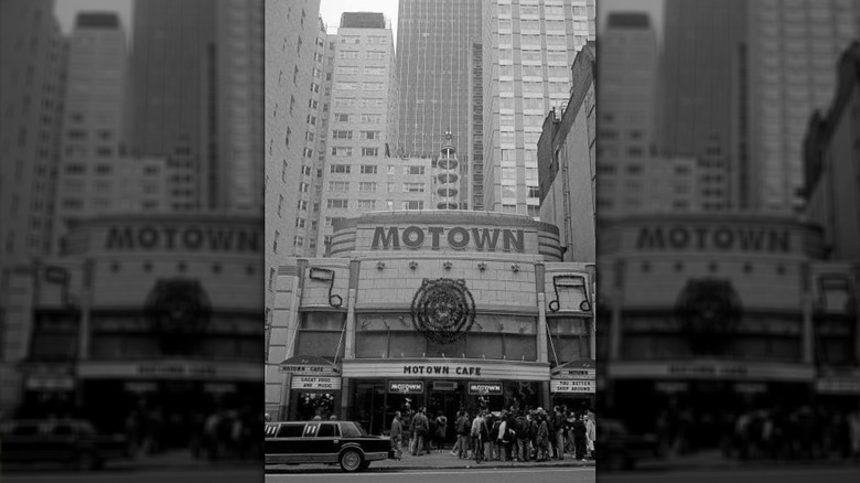Motown Cafe restaurant exterior in black and white