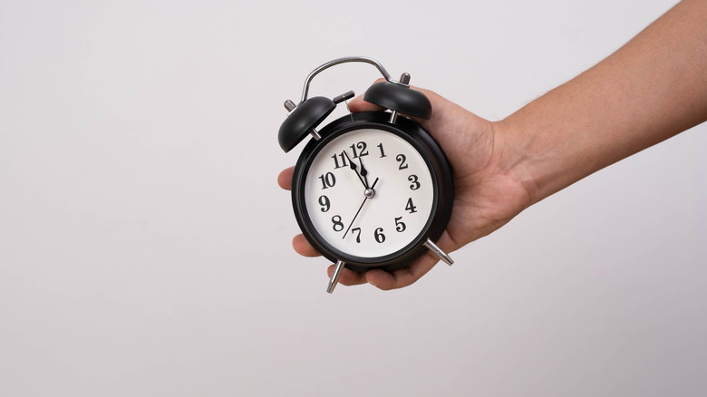 A hand holding an alarm clock