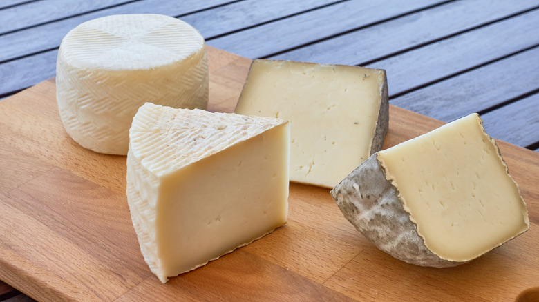 Assorted wedges of gourmet cheeses