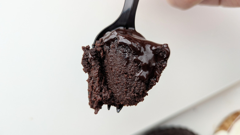 flourless chocolate cake on fork
