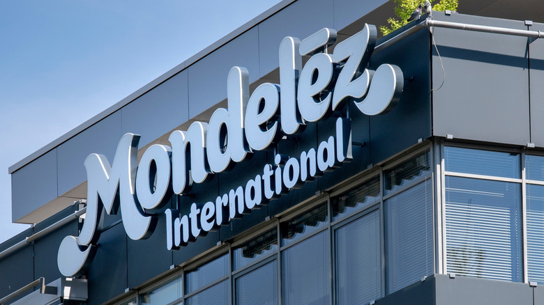 Exterior shot of Mondelez headquarters, corner of corporate building with brand's logo