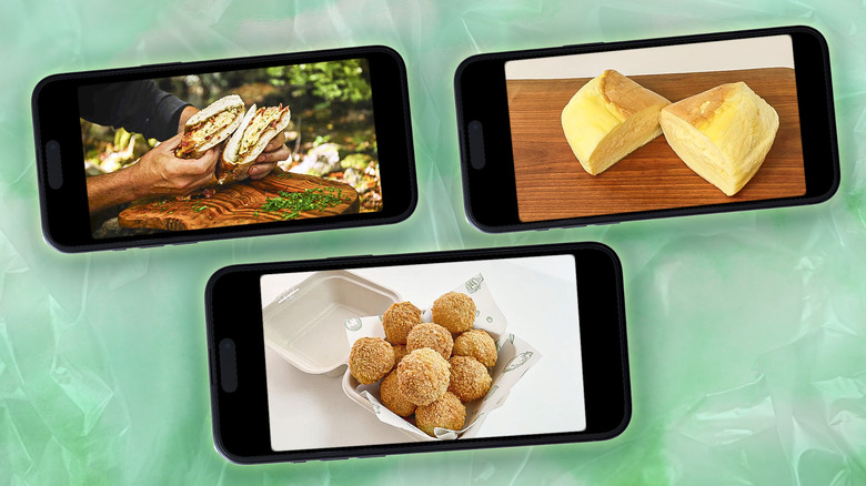 Three phones with still shots of food videos on them