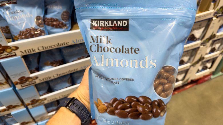 A bag of Kirkland Signature Milk Chocolate Almonds