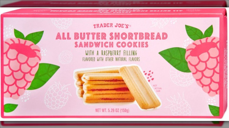 A box of Trader Joe's All Butter Shortbread Sandwich Cookies with a Raspberry Filling on a white background.