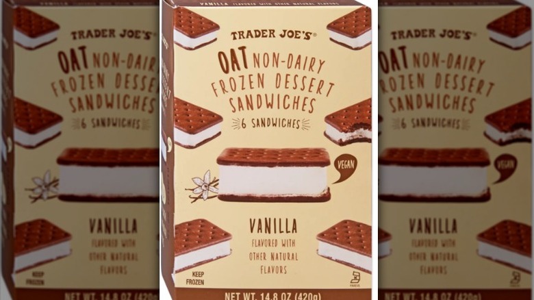 A box of Trader Joe's Oat Non-Dairy Frozen Dessert Sandwiches on a white background.