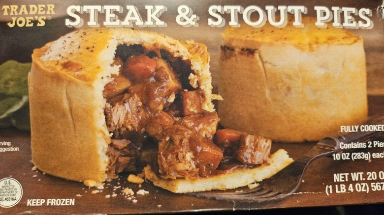 A closeup of the front of a box of Trader Joe's Steak & Stout Pies.