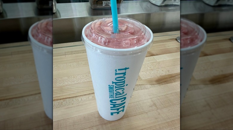 Bahama Mama smoothie from Tropical Smoothie Café in to-go cup with straw