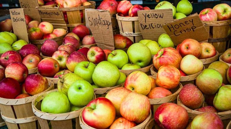 Varieties of apples for sale in wood bins with cardboard signs identifying them
