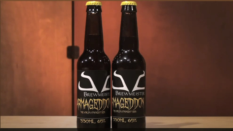 Two 12-ounce brown beer bottles of Armageddon.