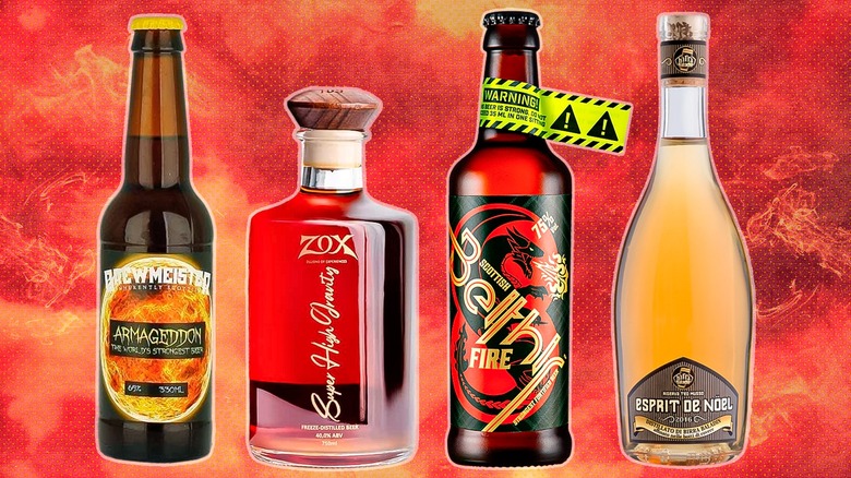 Four bottles of the strongest beers in the world against a red background.