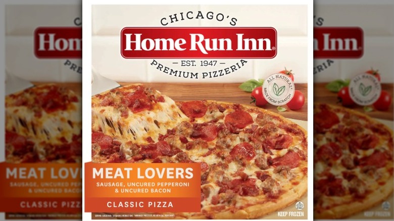 Home Run Inn pizza box with picture of round pizza with pepperoni, sausage, and bacon