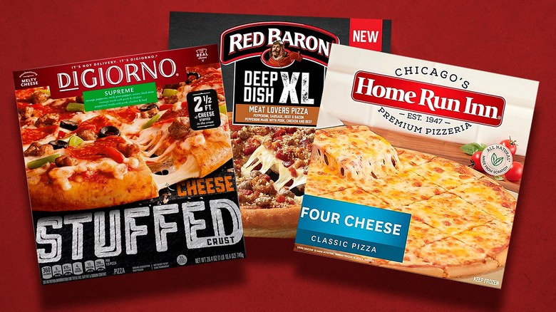 Composite image of three frozen pizza boxes against a red background
