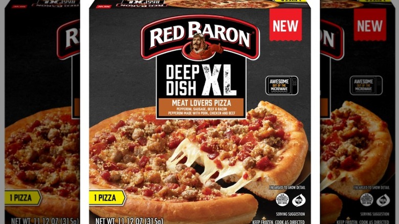 Red Baron pizza box showing deep dish pizza with pepperoni and sausage