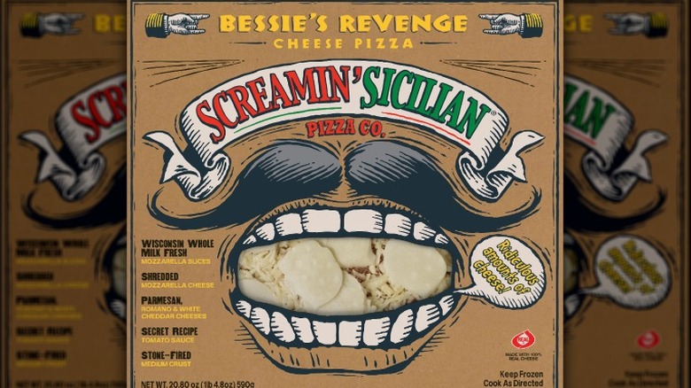 Screamin' Sicilian pizza box with mouth cutout showing a cheese pizza