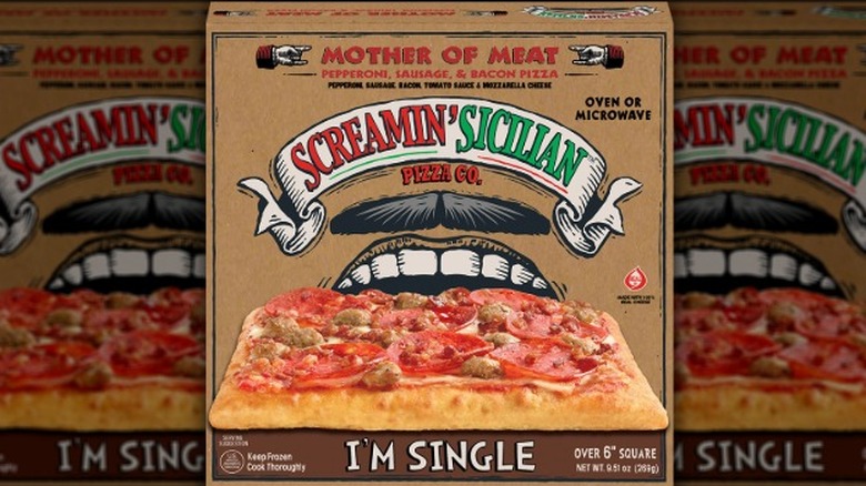 Screamin' Sicilian pizza box shows pizza with pepperoni, sausage, and bacon on front