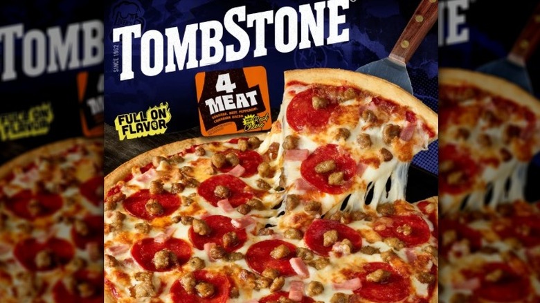 Tombstone pizza box shows round pizza with four meat toppings
