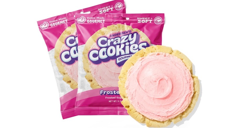 Two pink packages of Andersen's Crazy Cookies in frosted sugar cookie with a cookie displayed in front