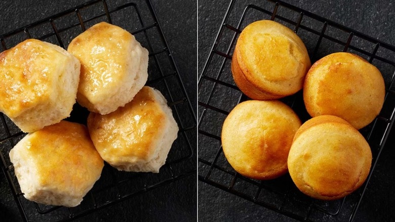 Cracker Barrel biscuits and corn muffins side by side.