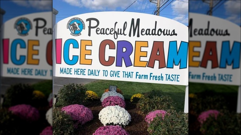 Close-up of Peaceful Meadow Ice Cream sign, with a small picture of a cow and Ice Cream written in colorful block letters.