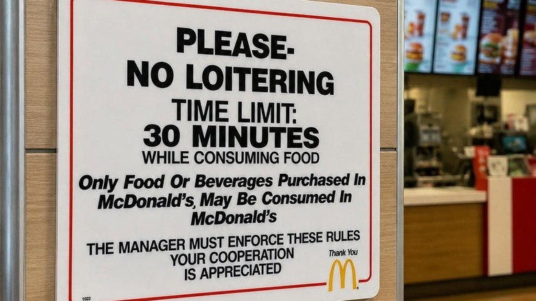 A sign reading "Please - No Loitering Time Limit: 30 Minutes while consuming food. Only Food or Beverages Purchased in McDonald's, May Be Consumed in McDonald's. The Manager must enforce these rules. Your cooperation is appreciated. Thank you, M."