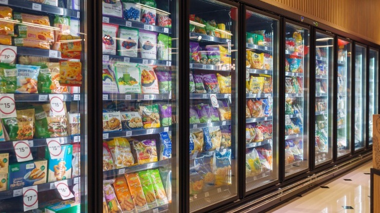 The frozen food aisle at a supermarket.