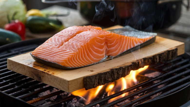 Salmon being plank grilled on cedar over an open flame