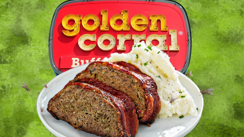 A composite image of meatloaf and mashed potatoes on a plate with flies in front of a Golden Corral sign