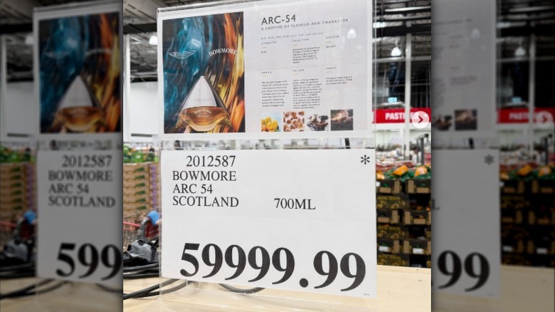 Costco sign advertising bottle of Bowmore whiskey