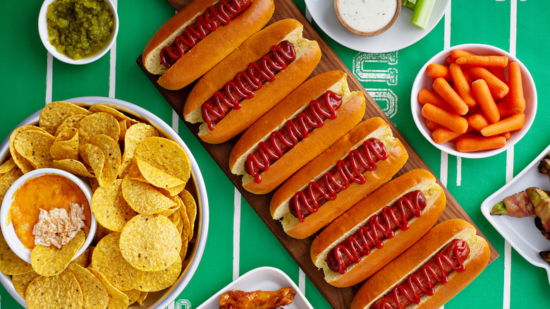 Various snack food and hot dogs for the Super Bowl.