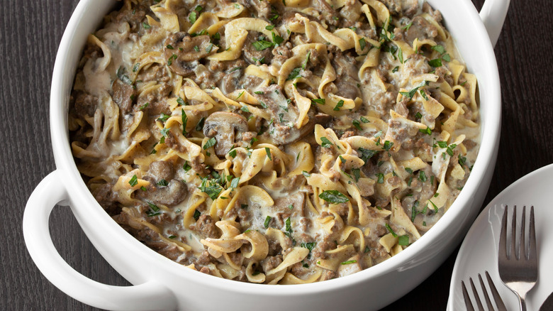 Pan full of beef stroganoff and egg noodles