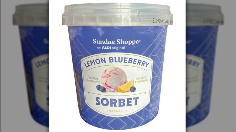 Pint of Sundae Shoppe Lemon Blueberry sorbet from Aldi on white background