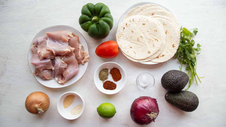chicken, vegetables, seasonings, and flour tortillas