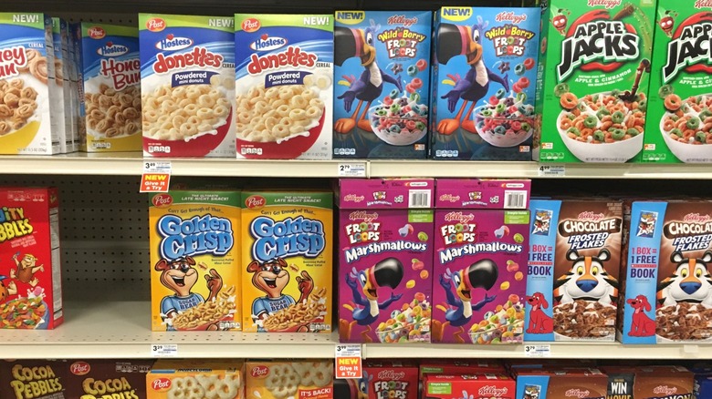 The cereal aisle at a supermarket.