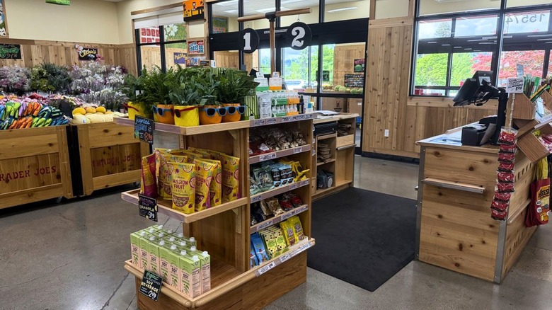 Trader Joe's checkout stands and display cases with merchandise