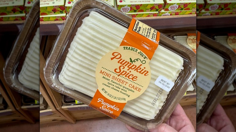 Person holding Trader Joe's Pumpkin Spice Mini Sheet Cake in store